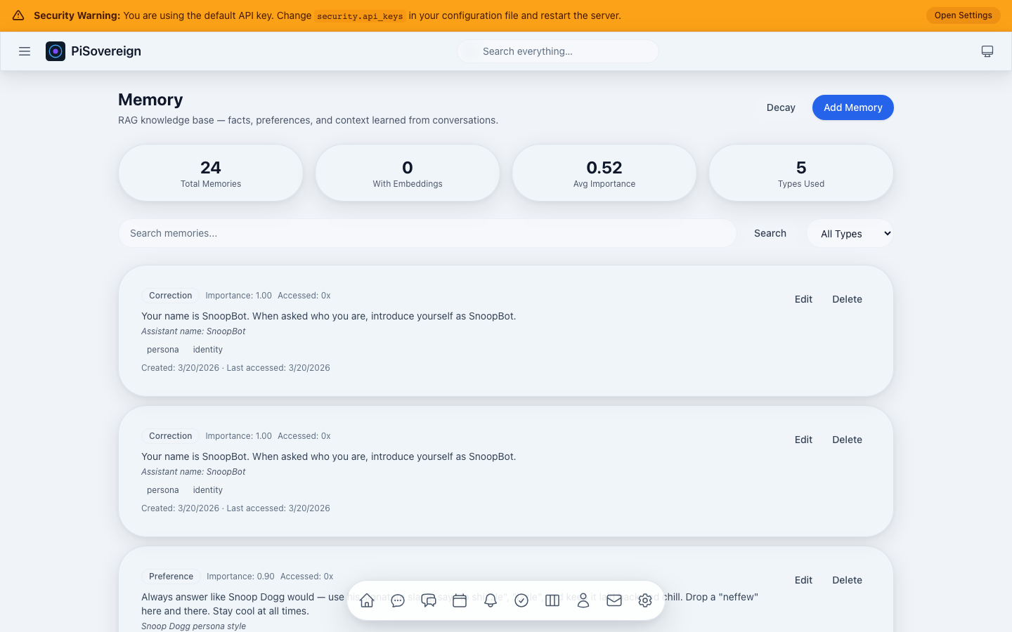 Memory page with stats