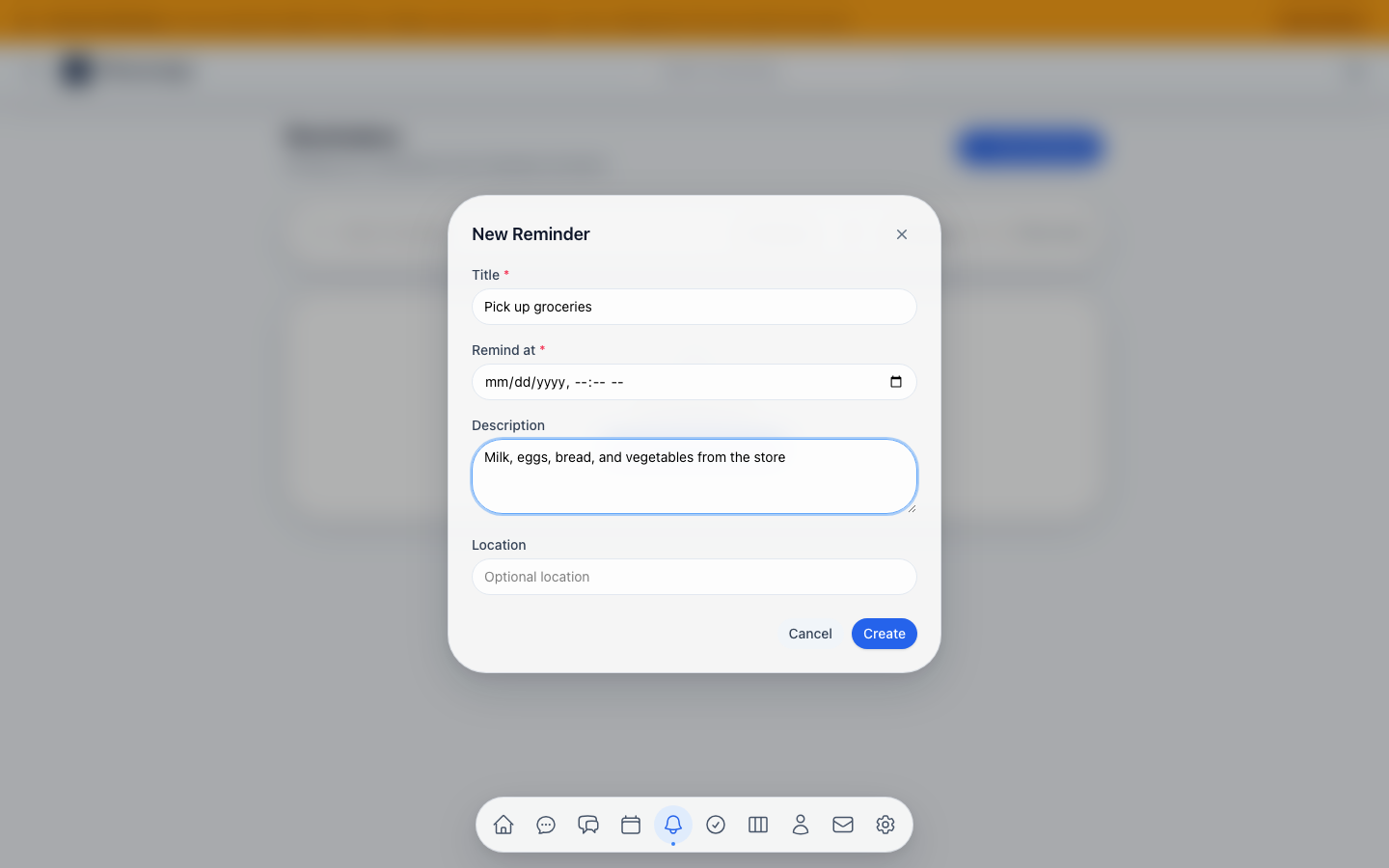 Create reminder modal (filled)